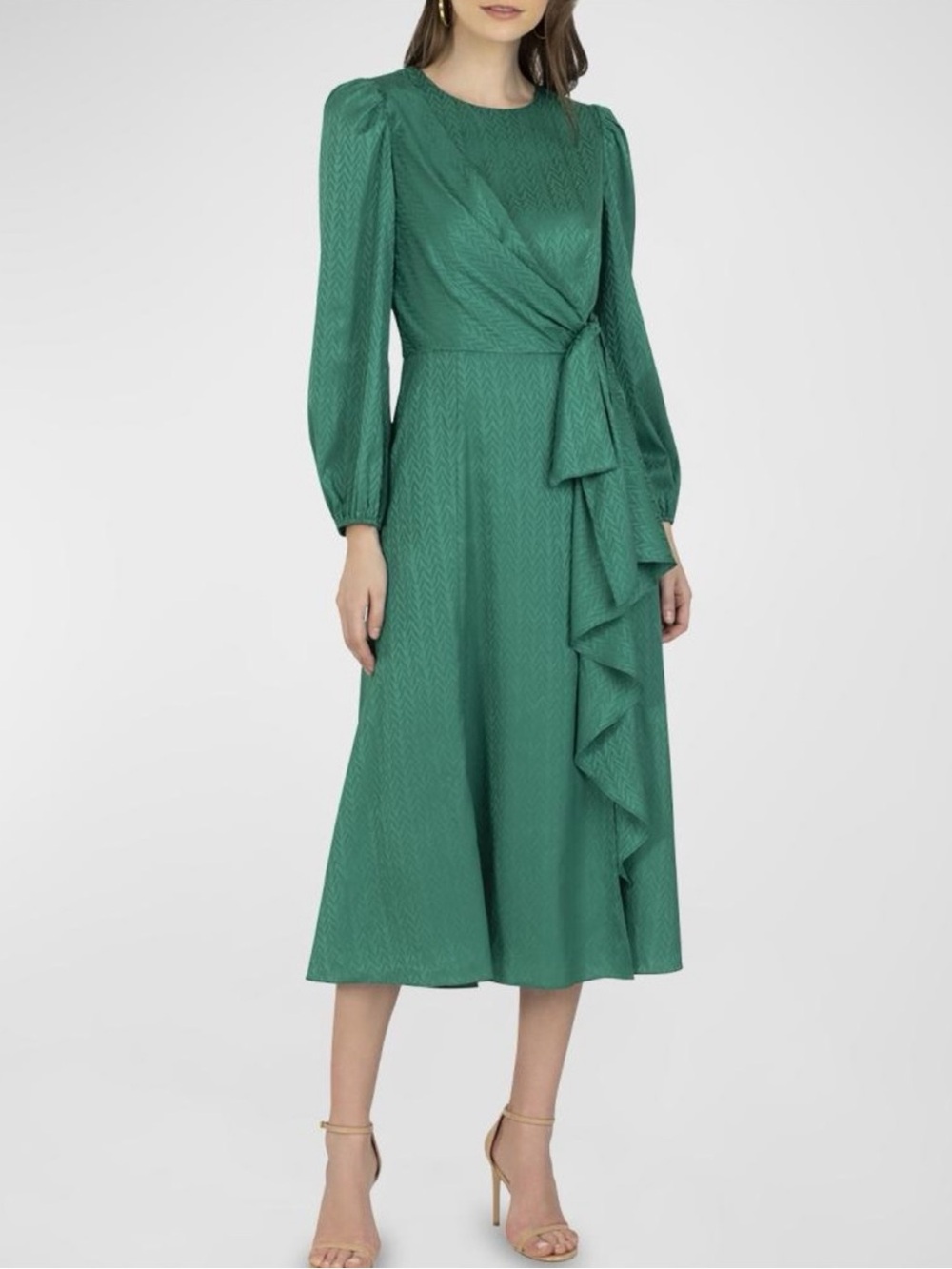 Shoshanna Marie Green Satin Jacquard Tie Waist Cascade Dress Size 2 Fall Autumn